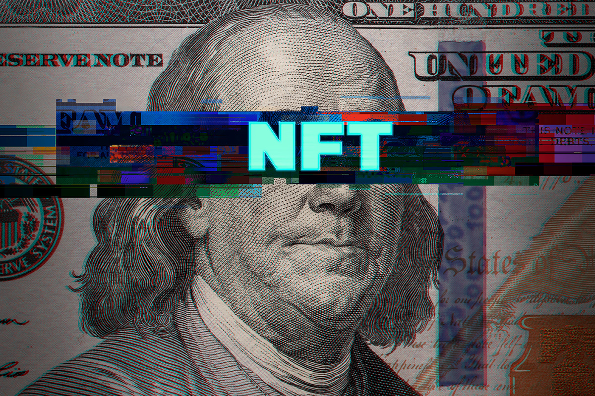 Abstract glitch with word NFT on 100 dollar bill
