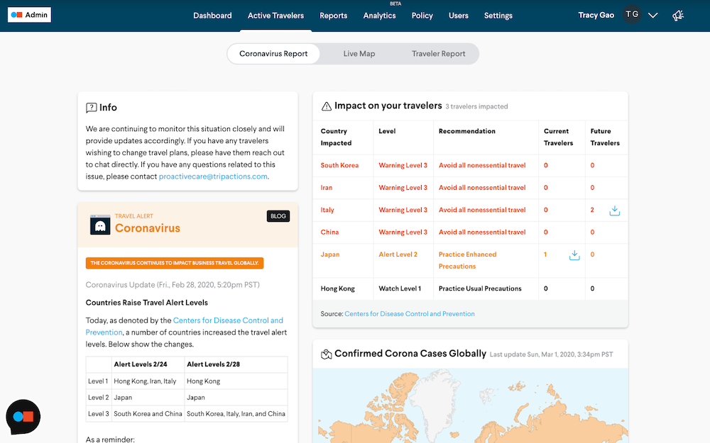TripAction's platform provides users with up-to-date information about COVID-19 lockdowns abroad.