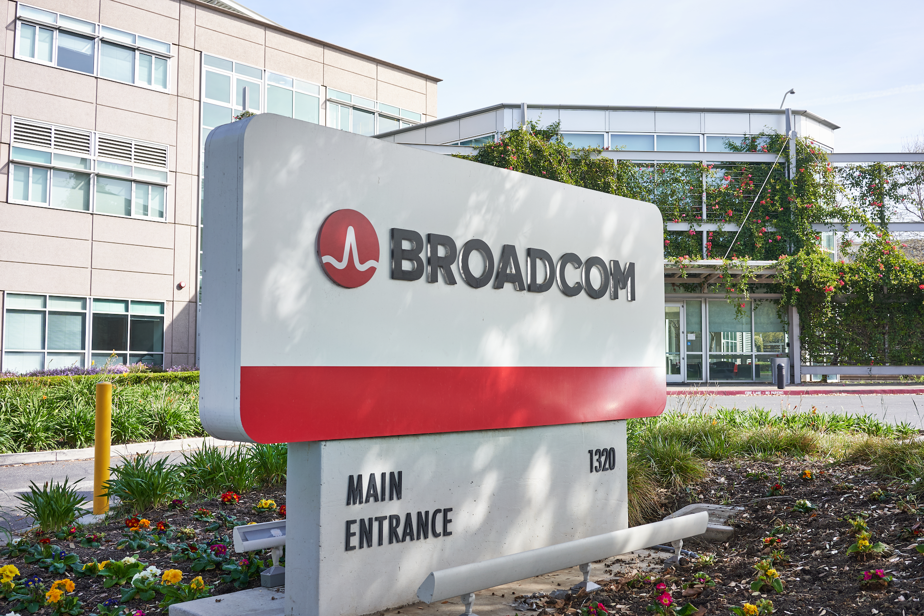 Broadcom logo on its marquis outside company headquarters in San Jose, California.