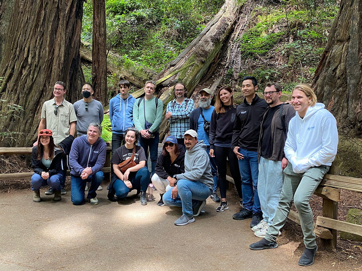 Mixbook team photo under large trees