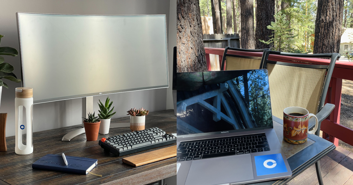 The remote workplaces of two Coinbase employees