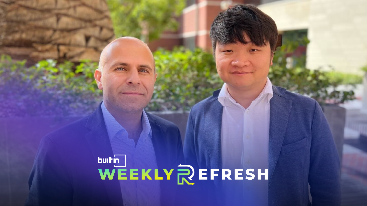 FedML co-founders Salman Avestimehr (left) and Chaoyang He (right) pose for a photo outside.