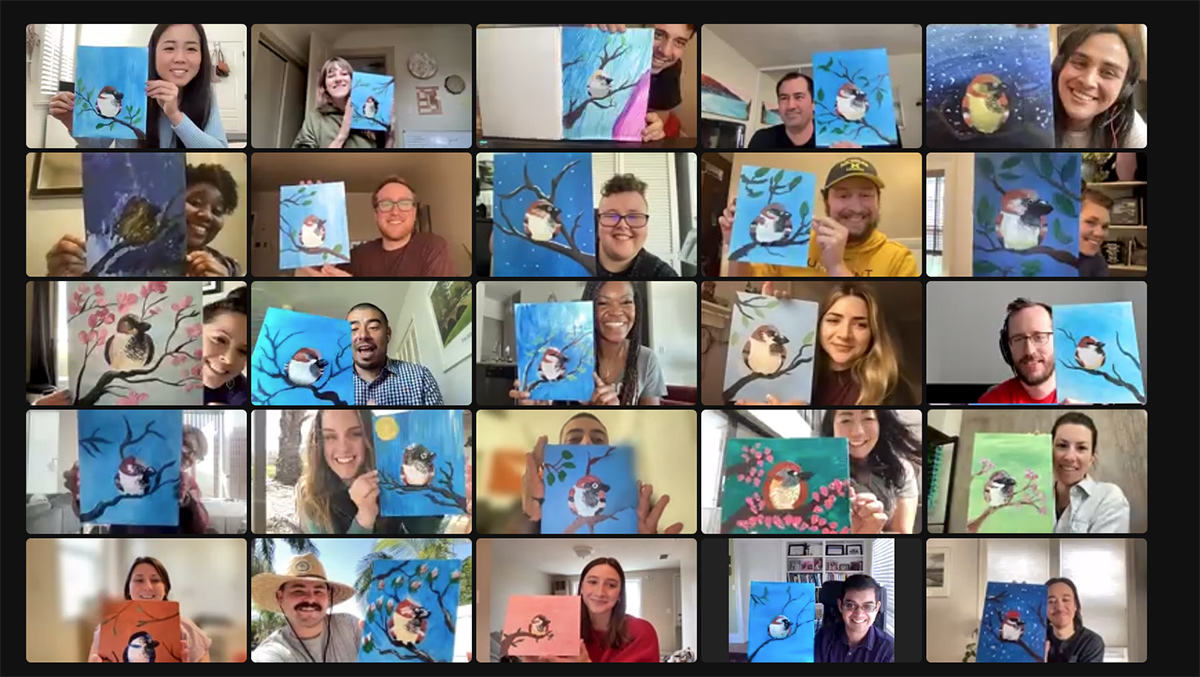 Sparrow team members having a virtual paint event over Zoom