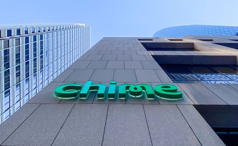 The Chime logo on the side of their office building. 