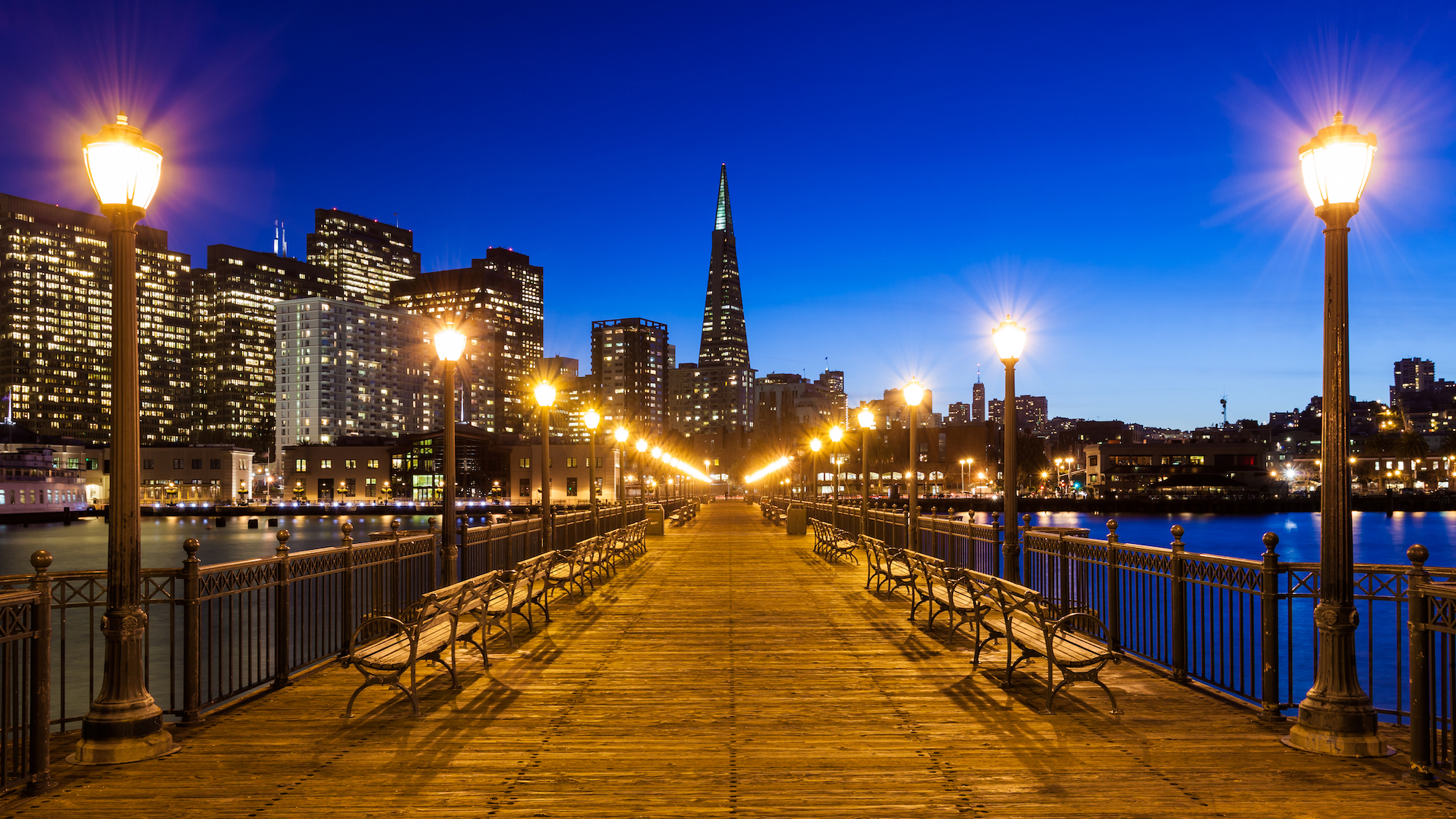 A nighttime photo of San Francisco's Pier 7.