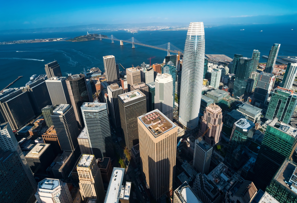 The Salesforce tower stands out amongst the San Francisco skyline.