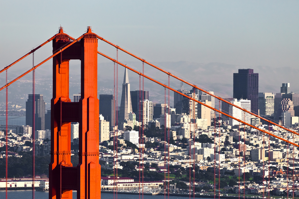 A look at the San Francisco skyline through the Golden Gate Bridge.
