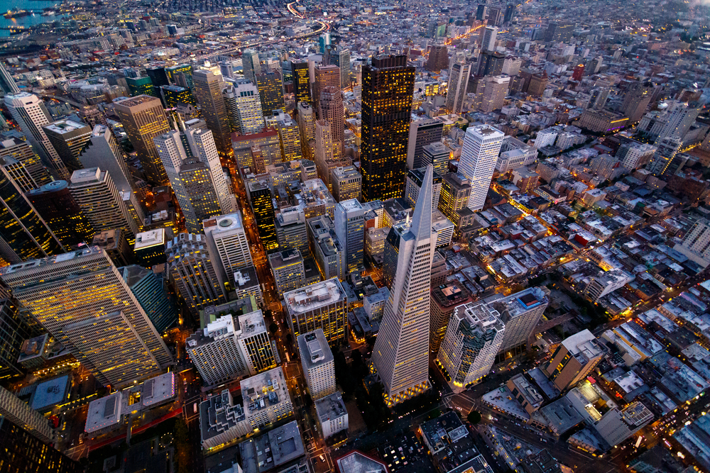 An aerial view of the San Francisco skyline in the evening.