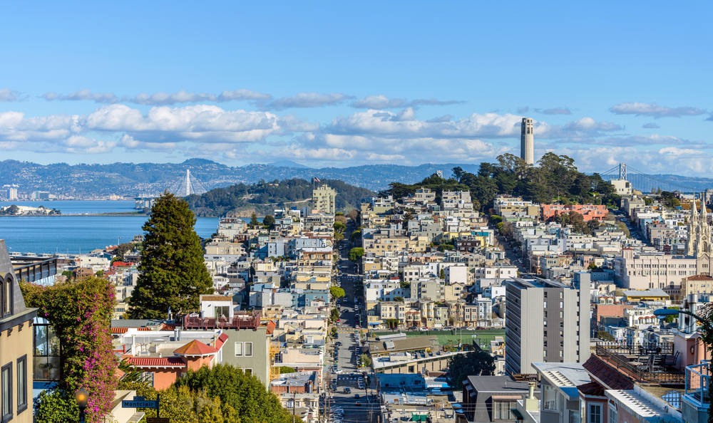 Coit Tower sits atop a hill in San Francisco.
