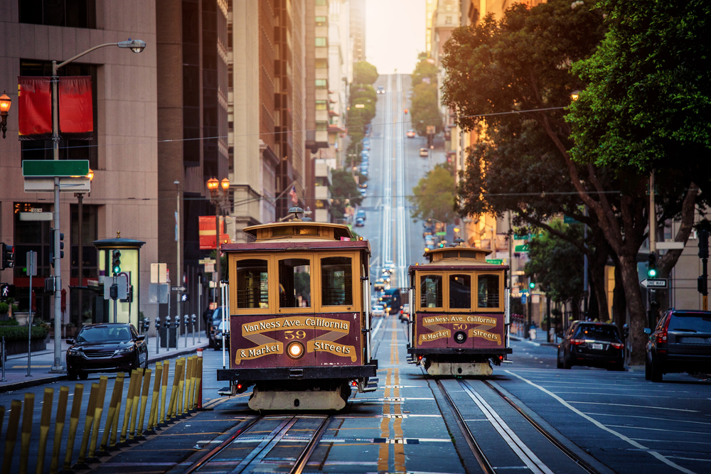 The cable cars in San Francisco traverse steep hills.