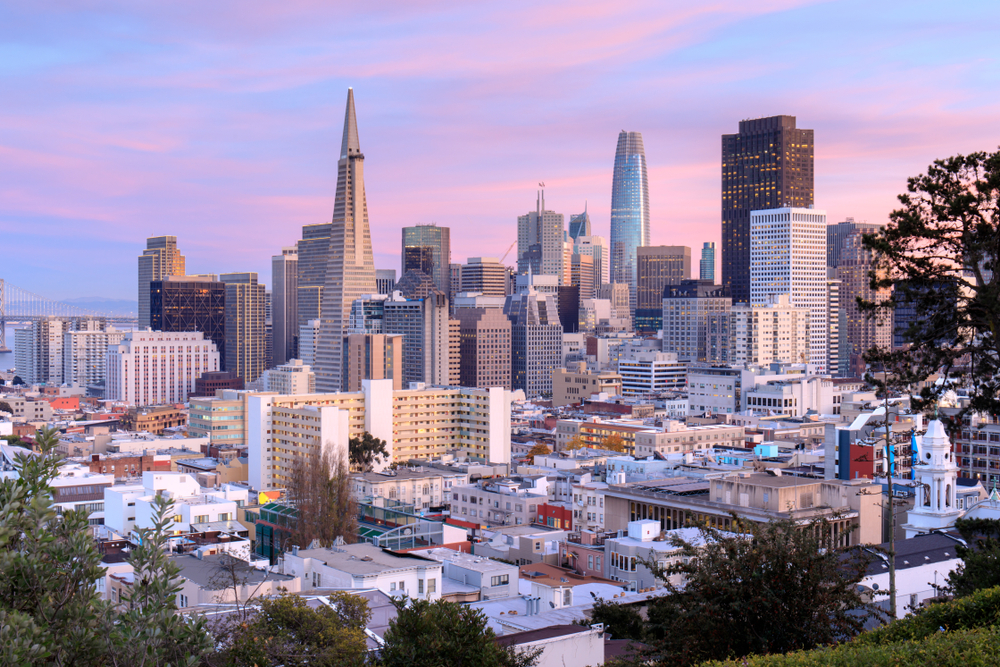 The San Francisco skyline at sunset.