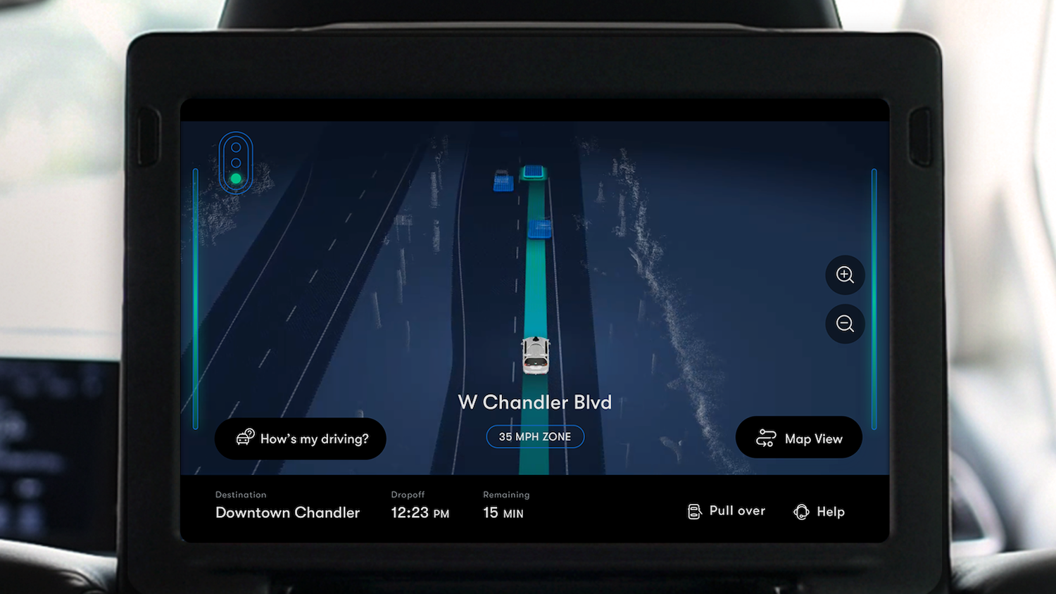 The passenger interface presents a map view of what the car sees.