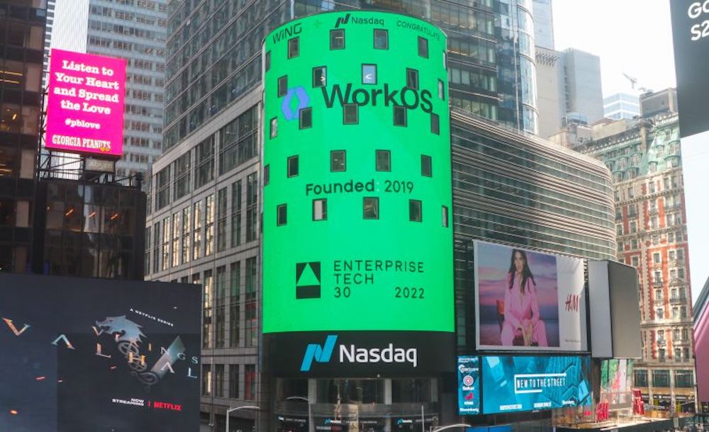 workOS on the NASDAQ screen in times square