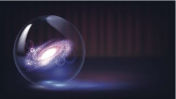 A crystal ball with a galaxy swirling inside it, resting on a table. A curtain is visible in the background.