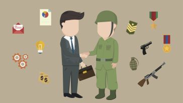 A businessman and a soldier shaking hands. Behind each of them is a collection of symbols relevant to their profession.