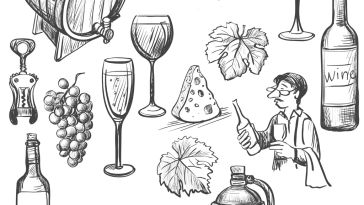 sketch of wine objects like bottle, glass, barrel, grapes, corkscrew, and sommelier