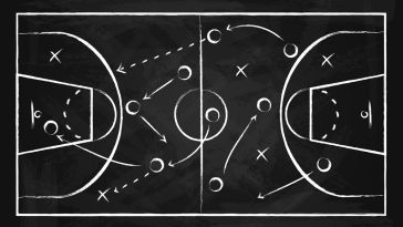 Illustration of a black chalkboard with basketball game plays drawn on it
