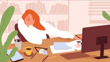 Illustration of a tired employee at computer desk at work.