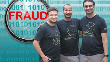 Sardine co-founders Aditya Goel, Soups Ranjan and Zahid Shaikh in front of a series of ones and zeros, a spyglass and the word "fraud" in red