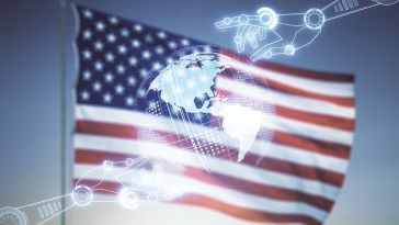Digital vector image of hands and the earth as a tech concept overlaid on the American flag.