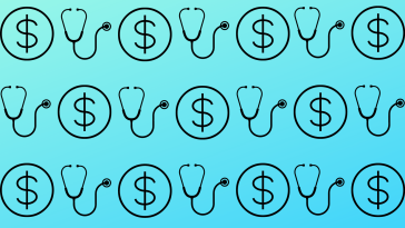 Icons of a stethoscope and dollar signs against a blue background