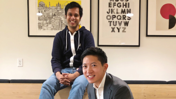 Angle Health co-founders Anirban Gangopadhyay (left) and Ty Wang (right) pose together for a photo inside.