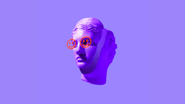 3D render of a Roman sculpture's head over a bright purple background. There are two floating magenta happy faces over the eyes.