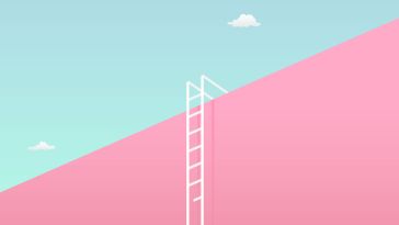 Graphic illustration of a white ladder with a broken rung ascending over a pink wall with a blue sky in the background.
