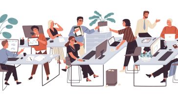 Illustration of an open office with people collaborating