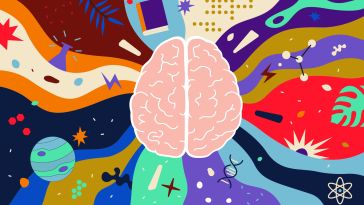 A stylized illustration of a brain surrounded by multicolored wave patterns and symbols including leaves, planets, books, scientific images and other learning-related icons