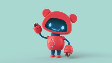A friendly red robot waves.