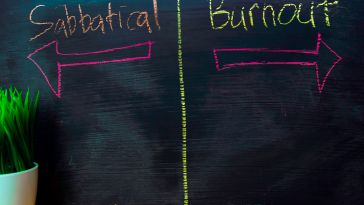 A blackboard features two arrows, one pointing toward “sabbatical” and the other pointing toward “burnout.”