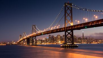 A photo of the Golden Gate Bridge at night is shown.